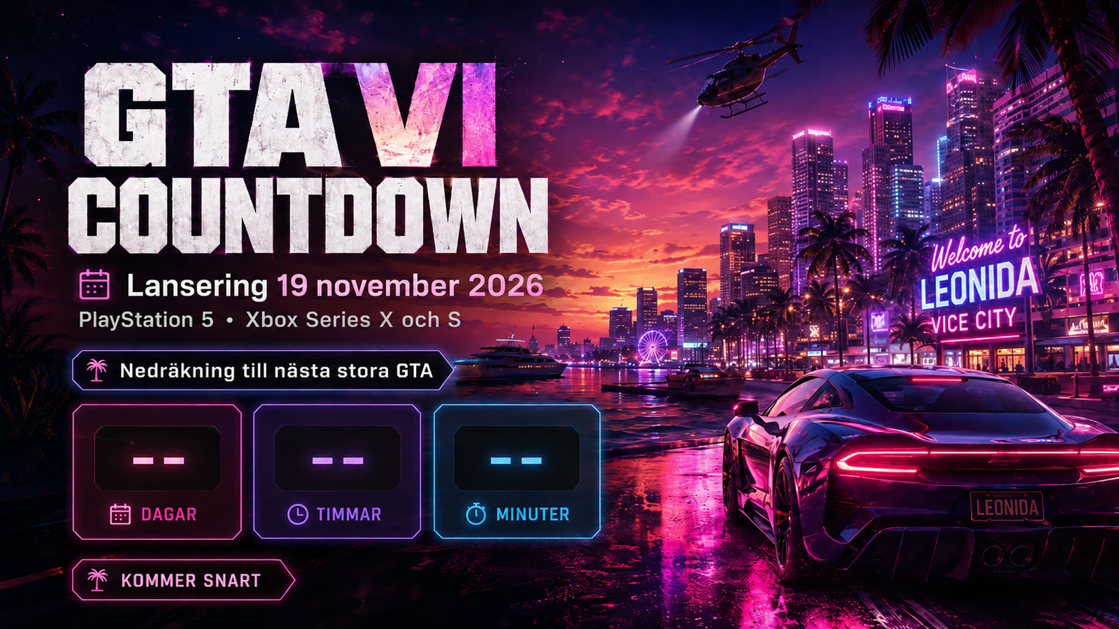 Nedräkning till GTA VI som släpps 19 november 2026